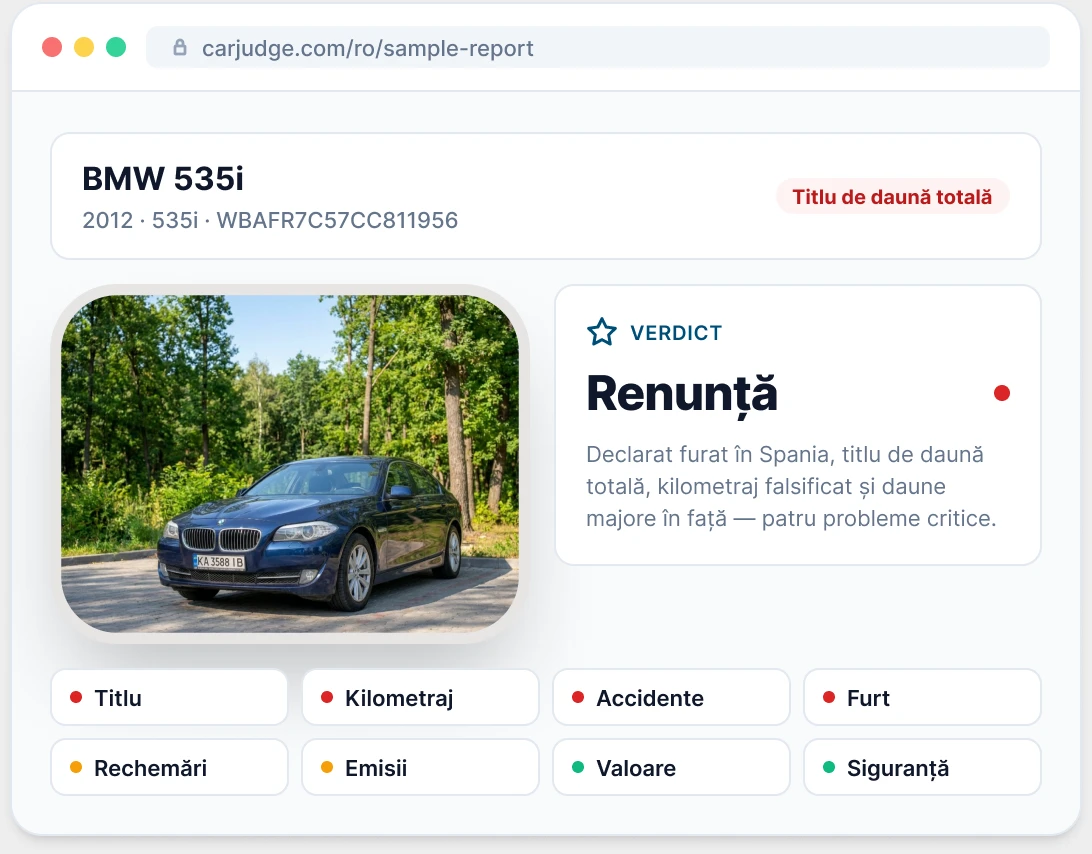 Previzualizare a unui raport de vehicul exemplu