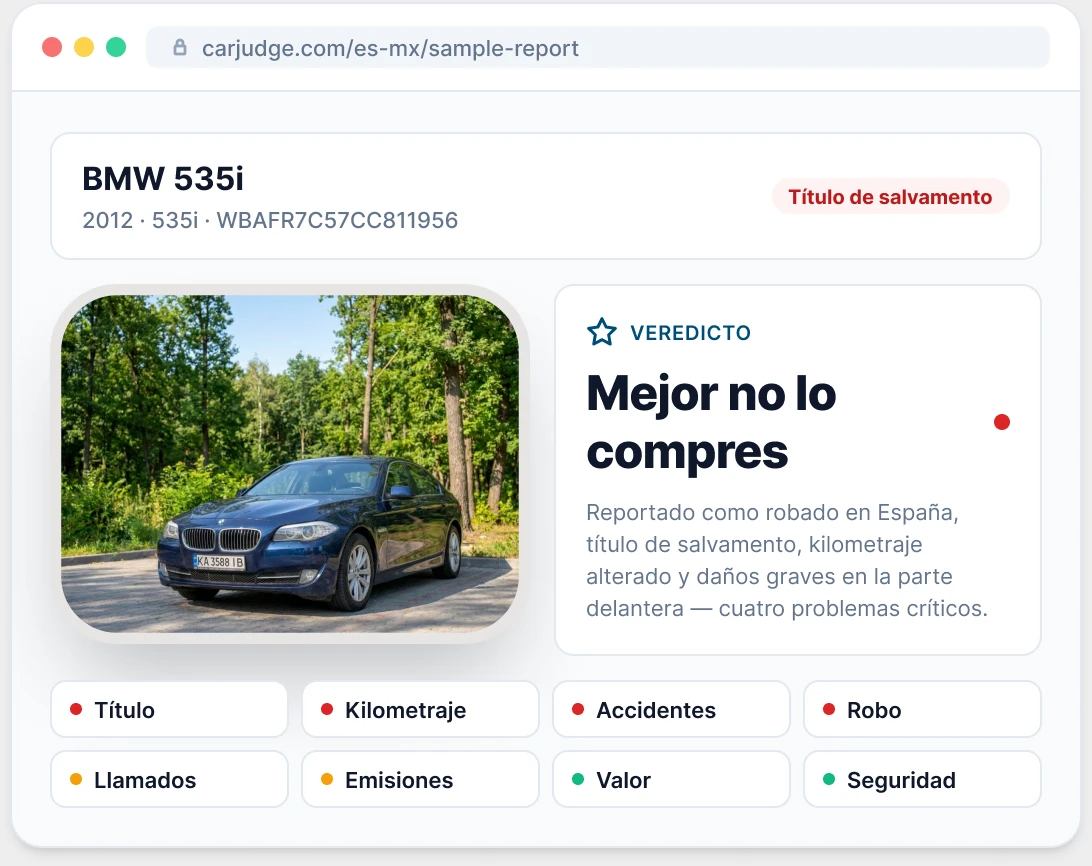 Vista previa de un informe de vehículo de ejemplo