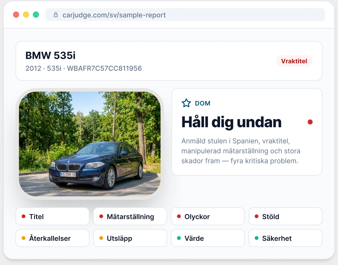 Förhandsvisning av en exempelrapport för ett fordon